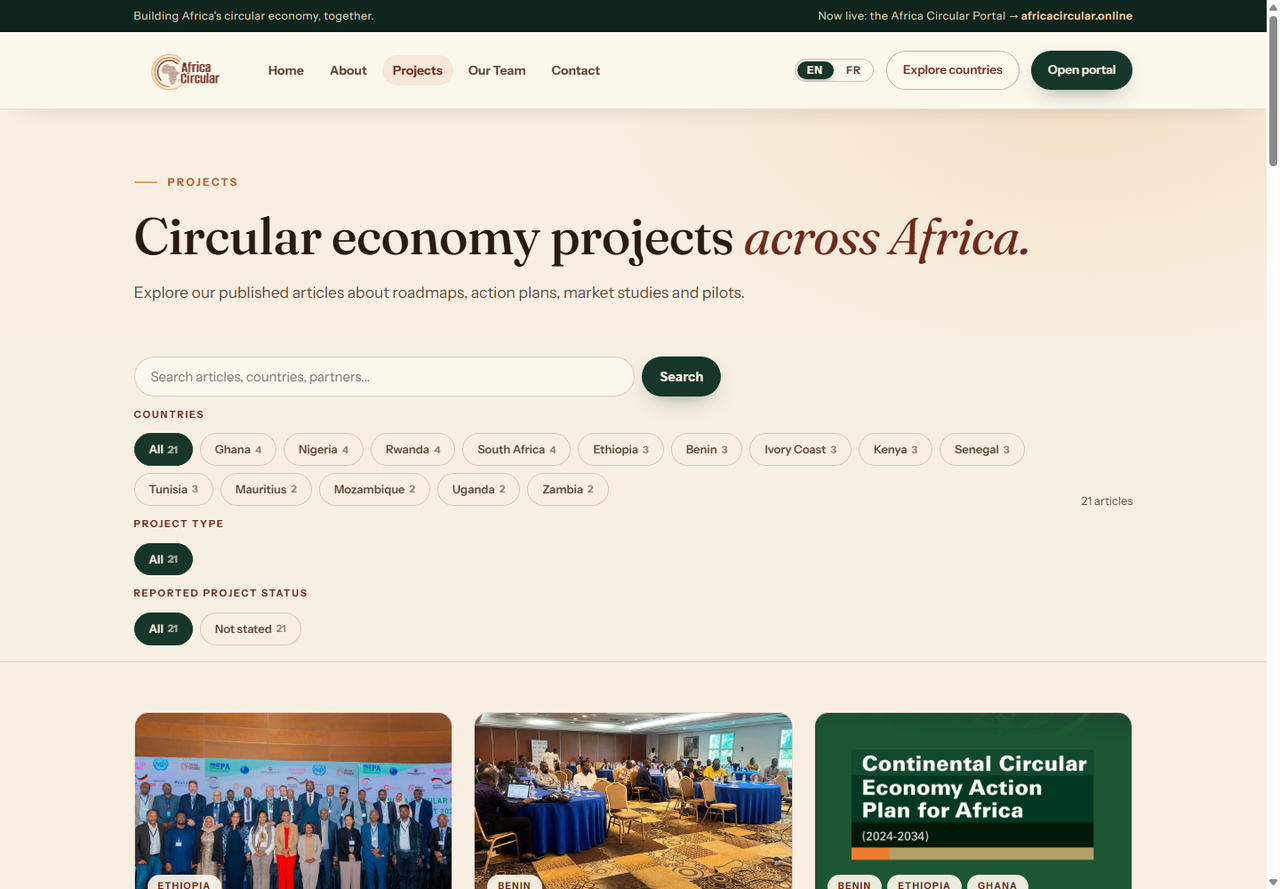 Africa Circular article archive with search and country, project-type and reported-status filters