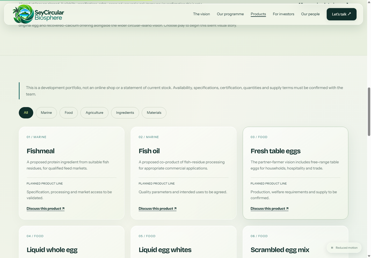 Sey Circular Biosphere’s public product-portfolio page