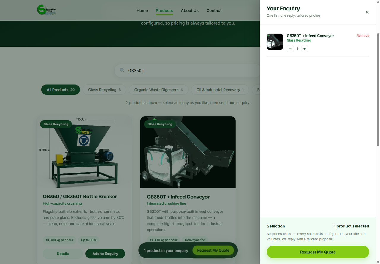 Sustainable Tech live catalogue with a GB350T search and selected product enquiry drawer